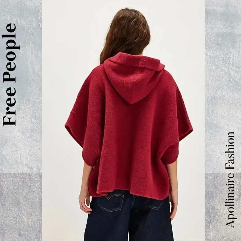 Free People Toggle Poncho In Wine Hooded OS one size